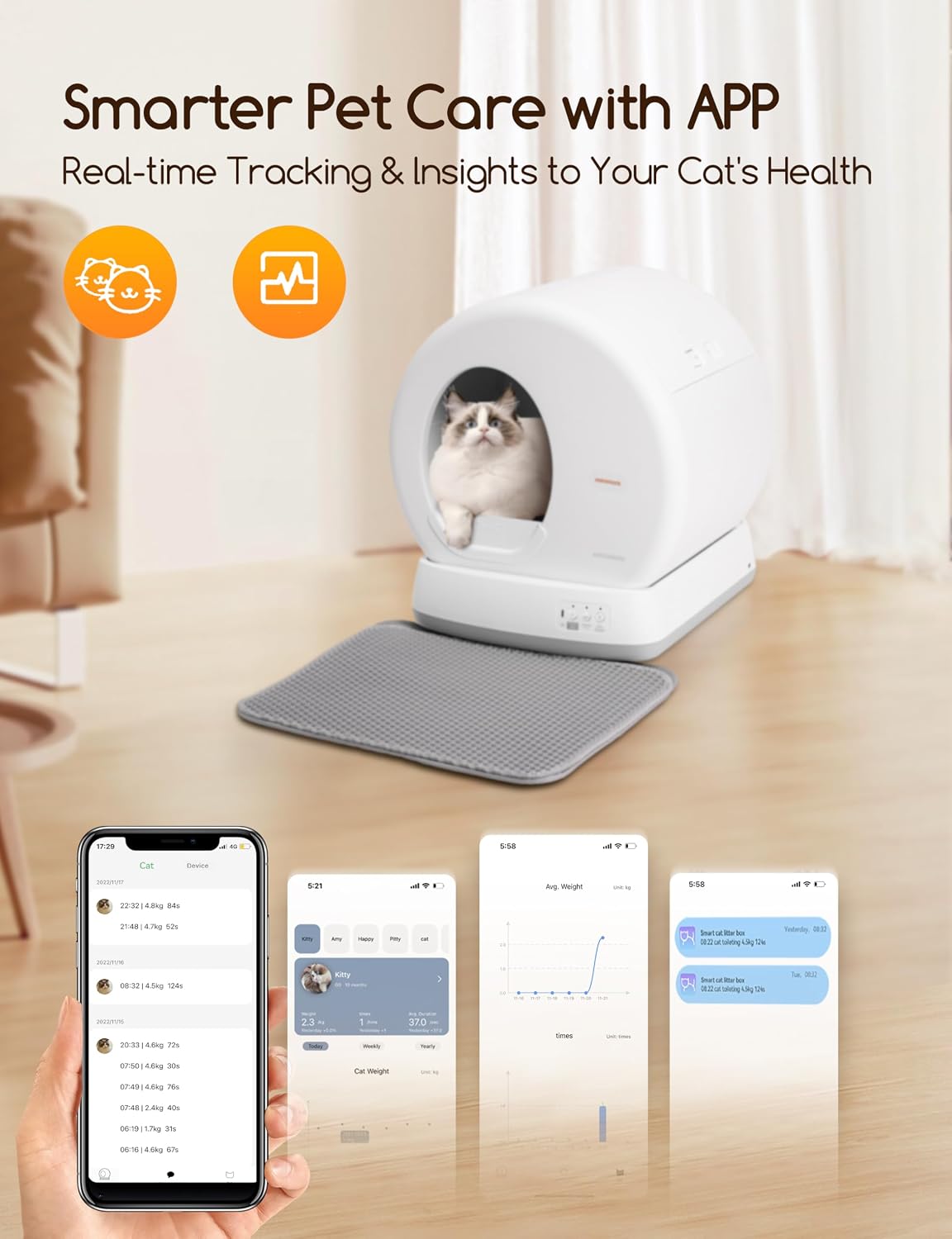 MeoWant Self Cleaning Cat Litter Tray, Integrated Safety Protection Automatic Cat Litter Tray for Multiple Cats, Extra Large/Odor Removal/APP Control Smart Robot Tray with Mat & Liner